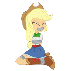 Size: 2000x2000 | Tagged: safe, artist:nie-martw-sie-o-mnie, applejack, human, equestria girls, g4, applesub, arm behind back, bondage, boots, boots bondage, bound and gagged, clothes, cowboy boots, cowboy hat, cowgirl, denim, denim skirt, eyes closed, female, femsub, freckles, gag, hat, kneeling, shoes, simple background, skirt, solo, stetson, submissive, tape, tape bondage, tape gag, transparent background