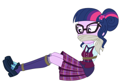 Size: 2370x1552 | Tagged: safe, artist:nie-martw-sie-o-mnie, sci-twi, twilight sparkle, equestria girls, g4, my little pony equestria girls: friendship games, bondage, bound and gagged, cloth gag, clothes, crystal prep academy uniform, female, femsub, gag, glasses, hair bun, necktie, rope, rope bondage, school tie, school uniform, schoolgirl, simple background, sitting, solo, submissive, tied up, transparent background, twisub