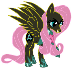 Size: 620x580 | Tagged: safe, artist:qjosh, fluttershy, pegasus, pony, g4, bevor, boots, chestplate, clothes, corrupted element of harmony, corrupted element of kindness, darkened coat, darkened hair, element of harmony, element of kindness, female, mare, nightmare fluttershy, nightmarified, shoes, simple background, solo, teal sclera, transformation, transformation sequence, white background