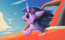 Size: 2800x1752 | Tagged: safe, artist:cyberpixel44, twilight sparkle, alicorn, pony, unicorn, g4, behaving like a dog, blue sky, blush sticker, blushing, car, cloud, female, happy, horn, mare, moon, sky, sky background, solo, sunny day, tongue out, twilight sparkle (alicorn), wallpaper, window, windswept mane