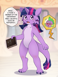 Size: 1500x2000 | Tagged: safe, artist:vavacung, spike, twilight sparkle, dragon, kobold, anthro, g4, magical mystery cure, alternate scenario, blood, book, dragonified, female, furry, golden oaks library, implied transformation, male, nosebleed, notebook, open mouth, species swap, speech bubble, spell gone wrong, sweat, sweatdrop