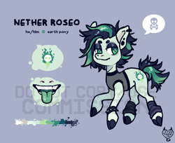 Size: 1000x815 | Tagged: safe, artist:maroonmads, oc, oc only, oc:nether roseo, earth pony, pony, beanbrows, black eyeshadow, black hooves, clothes, cloven hooves, colored hooves, colored tongue, commission, ear piercing, earring, earth pony oc, eyebrows, eyeshadow, gradient mane, gradient tail, gray background, green eyes, green tongue, hooves, jewelry, leg warmers, lidded eyes, makeup, male, mesh, mesh tanktop, obtrusive watermark, piercing, reference sheet, simple background, solo, spiked wristband, stallion, striped leg warmers, tail, watermark, white pupils, wristband, ych result