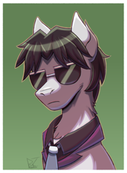 Size: 1458x1976 | Tagged: safe, artist:bkiltersot, withers, earth pony, pony, g4, black mane, clothes, fluffy, frown, gradient background, green background, half body, henchmen, male, necktie, passepartout, solo, stallion, sunglasses, white coat