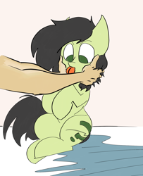 Size: 2590x3189 | Tagged: safe, artist:ponny, oc, oc only, oc:filly anon, earth pony, human, pony, :p, colored, female, filly, foal, hand, human and pony, sitting, squishy cheeks, tongue out