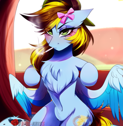 Size: 3525x3633 | Tagged: safe, artist:krissstudios, oc, oc only, oc:lucky bolt, pegasus, pony, backwards ballcap, badass, baseball cap, belly, belly button, blushing, bow, cap, chest fluff, cigarette, colored wings, commission, concave belly, ear fluff, eyeshadow, female, fluffy, hair bow, hair over one eye, hat, leaning on fence, makeup, simple background, smoking, solo, spread wings, two toned mane, two toned wings, wings, ych result