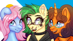 Size: 1920x1080 | Tagged: safe, artist:mxiiisy, oc, oc:joystick (joystick), oc:love letter, oc:orange cream, earth pony, hippogriff, unicorn, choker, clothes, ear piercing, female, glasses, goth, hoodie, horn, industrial piercing, lip piercing, male, nose piercing, piercing, polyamory, pride, pride flag, studded choker, trans female, transgender, transgender oc, transgender pride flag, wallpaper