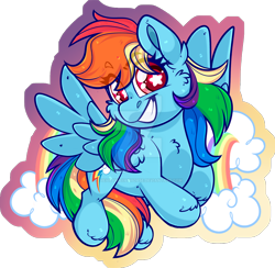 Size: 1600x1564 | Tagged: safe, artist:thehaywaiianhorse, rainbow dash, pegasus, pony, g4, chibi, deviantart watermark, grin, multicolored hair, obtrusive watermark, partially transparent background, rainbow hair, smiling, solo, watermark