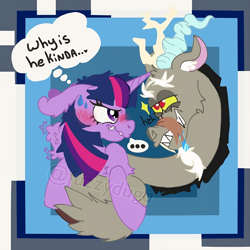 Size: 4320x4320 | Tagged: safe, alternate version, artist:fuzzyduga, discord, twilight sparkle, alicorn, draconequus, g4, ..., abstract background, alternate design, antlers, blushing, drool, duo, duo male and female, ear fluff, female, heh, horn, interested, male, mare, ship:discolight, shipping, straight, stupid sexy discord, sweat, sweatdrop, thought bubble, twilight sparkle (alicorn)