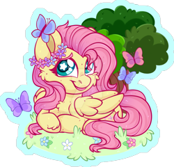 Size: 1600x1538 | Tagged: safe, artist:thehaywaiianhorse, fluttershy, butterfly, pony, g4, chibi, cute, deviantart watermark, lying down, obtrusive watermark, prone, shyabetes, solo, watermark