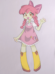 Size: 1698x2264 | Tagged: safe, artist:royal flush, apple bloom, human, equestria girls, g4, blushing, boots, clothes, dress, open mouth, pink background, shoes, simple background, smiling, solo, waving