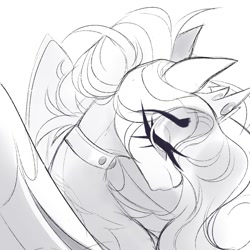 Size: 1500x1500 | Tagged: safe, artist:inspiredpixels, oc, oc only, oc:dusk ambrosia, alicorn, pony, bust, eyebrows, eyebrows visible through hair, eyelashes, eyes closed, female, long mane, mare, monochrome, portrait, simple background, sketch, slender, solo, thin, white background