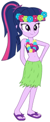 Size: 453x1098 | Tagged: safe, artist:fireluigi29, sci-twi, twilight sparkle, human, equestria girls, g4, clothes, feet, female, grass skirt, hula, midriff, missing accessory, no glasses, sandals, simple background, skirt, solo, transparent background