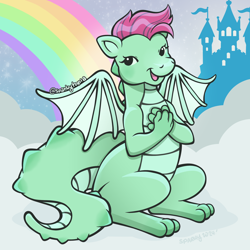 Size: 2400x2400 | Tagged: safe, artist:sparkytopia, zip-zip, dragon, g2, castle, cloud, commission, commissioner:dragonpone, hands together, open mouth, open smile, rainbow, signature, sitting, smiling, solo, spread wings, wings