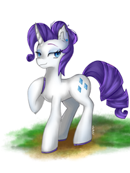 Size: 768x1024 | Tagged: safe, artist:flower9898, rarity, pony, unicorn, g4, alternate hairstyle, colored hooves, digital art, dirt road, ear fluff, ear piercing, earring, female, hair bun, hoof on chest, hooves, horn, jewelry, leg fluff, lidded eyes, mare, piercing, signature, simple background, smiling, smug, solo, standing on three hooves, white background