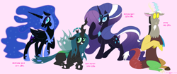 Size: 3192x1344 | Tagged: safe, artist:necrofeline, discord, nightmare moon, nightmare rarity, queen chrysalis, alicorn, changeling, changeling queen, draconequus, pony, unicorn, series:"tons" of appreciation growth drive, g4, boots, chestplate, concave belly, ethereal hair, ethereal mane, ethereal tail, eyeshadow, group, helmet, horn, imminent growth, incentive drive, jewelry, lidded eyes, looking at you, lying down, makeup, male and female, necklace, pink background, prone, quartet, quartet male and female, raised hoof, shoes, signature, simple background, sitting, slender, tail, thin, this will end in weight gain, tiara, weight gain, weight gain sequence, wings