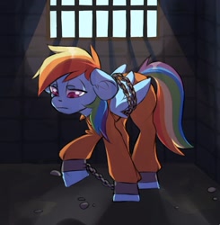 Size: 1856x1892 | Tagged: safe, artist:twi_sfw, rainbow dash, pegasus, pony, g4, annoyed, clothes, commission, commission open, jumpsuit, never doubt rainbowdash69's involvement, prison, prison outfit, prisoner, prisoner rd, sad, shackles, solo