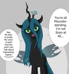 Size: 2808x3002 | Tagged: safe, artist:lillslim, queen chrysalis, changeling, changeling queen, pony, g4, abstract background, changeling horn, changeling wings, comic, crown, dialogue, drawthread, horn, jewelry, lidded eyes, looking at you, one-panel comic, open mouth, ponified, ponified manga, regalia, requested art, speech bubble, spread wings, standing, talking, talking to viewer, teeth, text, wings