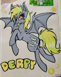 Size: 640x809 | Tagged: safe, artist:redactedhaunt, derpy hooves, bat pony, bat pony pegasus, hybrid, pegasus, g4, alternate cutie mark, bat ponified, cute, cute little fangs, derpabetes, derpybat, fangs, name, race swap, text, traditional art