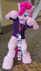 Size: 742x1280 | Tagged: safe, artist:spainfischer, pinkie pie, g4, badge, clothes, fursuit, indoors, irl, photo, ponysuit, shirt, solo, t-shirt