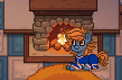 Size: 871x572 | Tagged: safe, oc, oc only, oc:blue cookie, earth pony, pony, pony town, clothes, digital art, earth pony oc, fireplace, male, pajamas, pixel art, smiling, solo, stallion