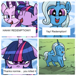 Size: 1080x1083 | Tagged: safe, artist:colochenni, starlight glimmer, trixie, twilight sparkle, pony, unicorn, g4, 4 panel comic, angry, comic, cute, dialogue, diatrixes, double standard, drawthread, eyes closed, female, glimmerbetes, grass, horn, laughing, mare, meme, open mouth, open smile, ponified, ponified meme, sky, smiling, starry eyes, twiabetes, wingding eyes