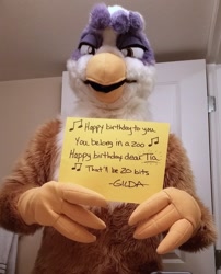 Size: 900x1116 | Tagged: safe, artist:neouka, artist:spainfischer, gilda, griffon, human, g4, birthday song, card, fursuit, indoors, irl, irl human, photo, solo