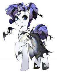 Size: 859x1081 | Tagged: safe, artist:miukyhiedo, rarity, bat, pony, unicorn, g4, clothes, dress, ear piercing, earring, eyeliner, female, hair bun, horn, jewelry, makeup, mare, mascara, piercing, raised hoof, see-through, see-through skirt, simple background, skirt, smiling, solo, tail, tail bun, white background