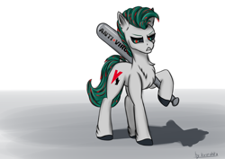 Size: 3541x2508 | Tagged: safe, artist:kirieshka, oc, oc only, earth pony, pony, angry, anti virus, baseball bat, best pony, green hair, kaspersky, solo