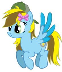 Size: 720x827 | Tagged: safe, artist:lucky bolt, artist:pegasski, oc, oc only, oc:lucky bolt, pegasus, pony, backwards ballcap, base used, baseball cap, bow, cap, colored wings, female, flying, hair bow, hat, simple background, solo, transparent background, two toned mane, two toned wings, wings