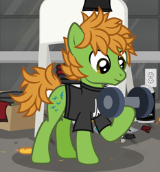 Size: 1201x1289 | Tagged: safe, artist:lightningbolt, derpibooru exclusive, earth pony, pony, .svg available, all time low, clothes, dumbbell (object), happy, indoors, looking down, male, messy room, ponified, raised hoof, shirt, show accurate, smiling, solo, stallion, standing, svg, t-shirt, vector, weight lifting, weights, working out, zack merrick