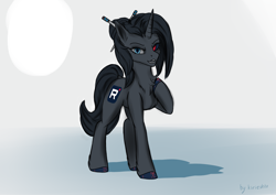 Size: 3541x2508 | Tagged: safe, artist:kirieshka, oc, oc only, unicorn, best pony, black eye, black hair, blue eyes, hair, hairstyle, horn, needle, solo