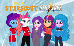 Size: 2037x1260 | Tagged: safe, artist:robertsonskywa1, izzy moonbow, misty brightdawn, pipp petals, sunny starscout, zipp storm, equestria girls, g4, g5, bodysuit, clothes, corridor, cosplay, costume, dress, equestria girls-ified, g5 to equestria girls, g5 to g4, generation leap, minidress, photo, star trek, star trek lower decks, star trek: starscout, star trek: strange new worlds, star trek: the next generation, starfleet, uniform