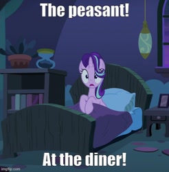 Size: 500x508 | Tagged: safe, edit, edited screencap, screencap, starlight glimmer, pony, unicorn, g4, season 6, to where and back again, bed, caption, cropped, female, horn, image macro, imgflip, indoors, mare, movie reference, picture frame, potted plant, solo, starlight's room, text, the emperor's new groove, twilight's castle