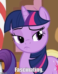 Size: 500x639 | Tagged: safe, edit, edited screencap, screencap, rarity, twilight sparkle, pony, unicorn, g4, season 2, the mysterious mare do well, caption, cropped, fascinating, female, image macro, imgflip, mare, reference to another series, spock, star trek, star trek (tos), text, unicorn twilight