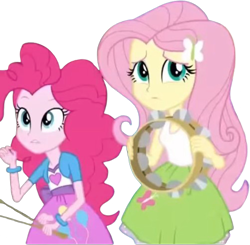 Size: 2571x2520 | Tagged: safe, edit, edited screencap, editor:homersimpson1983, screencap, fluttershy, pinkie pie, equestria girls, g4, background removed, drumsticks, duo, duo female, female, musical instrument, not a vector, simple background, tambourine, transparent background