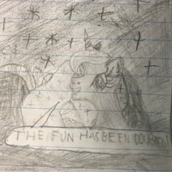 Size: 3024x3024 | Tagged: safe, artist:longtailcat3, princess luna, alicorn, pony, g4, luna eclipsed, season 2, ethereal mane, female, horn, lined paper, monochrome, pencil drawing, solo, speech bubble, stars, text, the fun has been doubled, traditional art