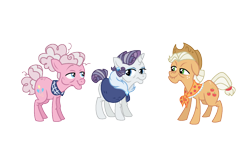 Size: 1250x720 | Tagged: safe, artist:dazzle, applejack, pinkie pie, rarity, earth pony, unicorn, g4, accessory, clothes, coat, curly mane, ear piercing, elderly, female, group, hat, horn, mare, older, physique difference, piercing, simple background, transparent background, trio, trio female