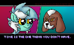 Size: 1575x952 | Tagged: safe, artist:background basset, lyra heartstrings, basset hound, dog, pony, unicorn, g4, abstract background, dialogue, digital art, disembodied head, duo, horn, hotline miami, open mouth, pixel art, text