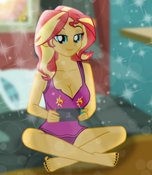 Size: 6342x7302 | Tagged: safe, artist:charliexe, artist:emeraldblast63, sunset shimmer, human, equestria girls, g4, barefoot, black nail polish, breasts, busty sunset shimmer, cleavage, crossed legs, feet, gamer sunset, indoors, lens flare, nail polish, nintendo switch, smiling, solo, stupid sexy sunset shimmer, toenail polish