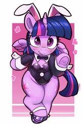 Size: 1359x2100 | Tagged: safe, artist:pabbley, twilight sparkle, alicorn, pony, g4, blushing, bowtie, bunny ears, bunny suit, chest fluff, clothes, female, heart, looking at you, mare, necktie, passepartout, smiling, smiling at you, solo, twilight sparkle (alicorn), wide hips