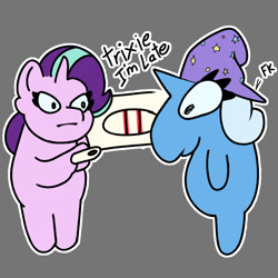 Size: 2000x2000 | Tagged: safe, artist:luanbang, starlight glimmer, trixie, pony, unicorn, g4, duo, duo female, female, gray background, hat, horn, meme, pregnancy test, pregnancy test meme, simple background, text