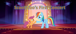 Size: 1920x864 | Tagged: artist needed, safe, anonymous artist, artist:cloudy glow, rainbow dash, scootaloo, pegasus, pony, fanfic:scootaloo's first concert, g4, concert, cute, cutealoo, dashabetes, duo, duo female, fanfic art, female, filly, foal, hoofbump, looking at each other, looking at someone, mare, poster, scootadoption, scootalove, sibling love, siblings, sisterly love, sisters, smiling, smiling at each other, spotlight, spread wings, stage, story in the source, story included, wings