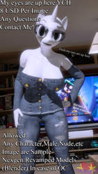 Size: 2160x3840 | Tagged: safe, artist:marianokun, oc, anthro, 3d, :o, advertisement, blender, clothes, commission, fortnite, glasses, looking at you, my eyes are up here, open mouth, raven team leader, television, xbox, ych example, your character here