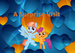 Size: 1384x980 | Tagged: artist needed, safe, anonymous artist, artist:mundschenk85, artist:thatguy1945, scootaloo, windy whistles, pegasus, pony, fanfic:a surprise visit, g4, bipedal, cute, cutealoo, duo, duo female, fanfic art, female, filly, foal, freckles, heart, heart background, mare, mother and child, mother and daughter, open mouth, open smile, poster, scootadoption, scootalove, smiling, spread arms, spread wings, story in the source, story included, windybetes, wings