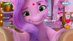 Size: 1920x1080 | Tagged: safe, screencap, pipp petals, pegasus, pony, g5, my little pony: make your mark, my little pony: make your mark chapter 2, portrait of a princess, spoiler:g5, adorapipp, bed, close-up, cute, daaaaaaaaaaaw, emoji, female, grin, heart, livestream, looking at you, mare, pipp petals's bedroom, reaching, smiling, smiling at you, solo, streaming, underhoof, weapons-grade cute