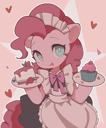 Size: 1080x1296 | Tagged: safe, artist:zrainm, pinkie pie, earth pony, pony, semi-anthro, g4, :p, abstract background, apron, cake, cherry, clothes, cupcake, female, food, heart, looking at you, maid, maid headdress, mare, outline, plate, solo, strawberry, tongue out, white outline