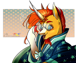 Size: 1200x1000 | Tagged: safe, artist:legendaryshadee, sunburst, pony, unicorn, g4, cloak, clothes, curved horn, facial hair, glasses, goatee, horn, male, solo, stallion, sunburst's cloak, sunburst's glasses