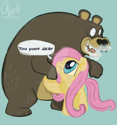 Size: 1280x1368 | Tagged: safe, artist:amynewblue, fluttershy, bear, pegasus, pony, g4, :c, blue background, cocaine, cocaine bear, crying, deviantart watermark, drugs, female, fluttershy being fluttershy, foaming at the mouth, frown, hug, mare, obtrusive watermark, open mouth, pinpoint eyes, signature, simple background, speech bubble, watermark