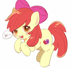 Size: 1130x1079 | Tagged: safe, artist:guiiy电离诡, apple bloom, earth pony, pony, g4, adorabloom, blushing, cute, female, filly, foal, hi, looking at you, simple background, solo, speech bubble, white background