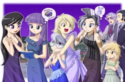 Size: 3500x2294 | Tagged: safe, artist:uotapo, color edit, edit, editor:overlord 2, brolly, derpy hooves, dinky hooves, hoity toity, king sombra, maud pie, octavia melody, silver spoon, whitewash, zecora, human, equestria girls, g4, clothes, dress, good king sombra, grey hair, light skin, light skin edit, op is a duck, skin color edit, white zecora